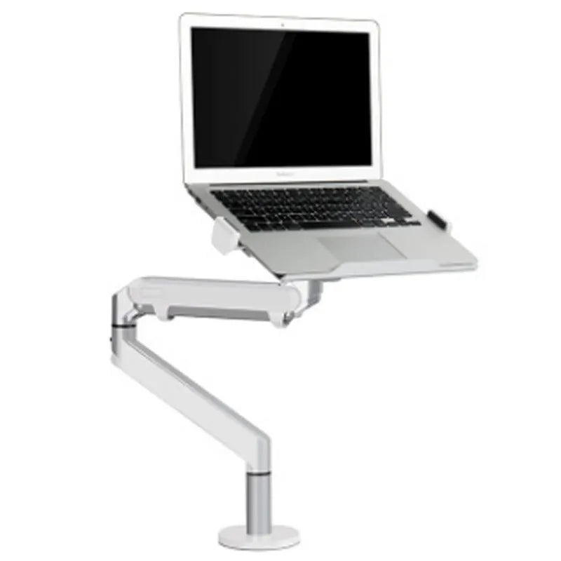 Silver aluminium laptop stand with hover design and air pressure arm bracket elevating a notebook