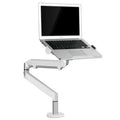 Silver aluminium laptop stand with hover design and air pressure arm bracket elevating a notebook
