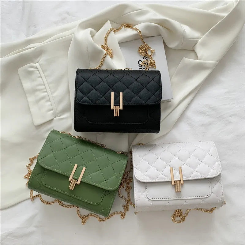 Women's white PU crossbody bag with diamond lattice texture and adjustable chain shoulder strap