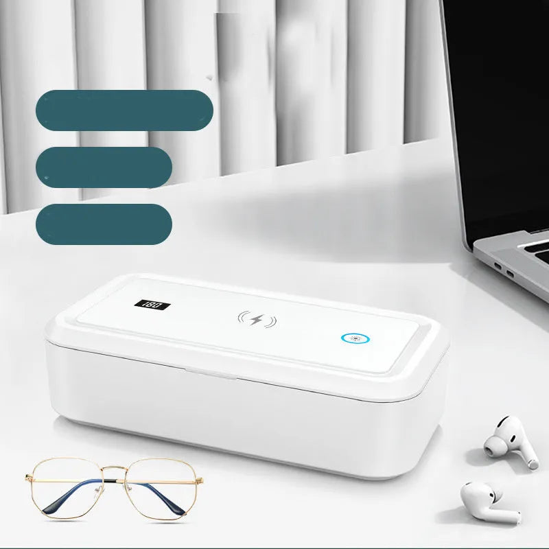 White cell phone disinfection box with USB cable, mechanical timer dial, and slot for smartphone insertion