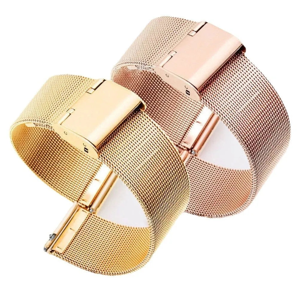 Milani stainless steel watch band with woven silk detail, showing silver, black, rose gold, and gold colour options.