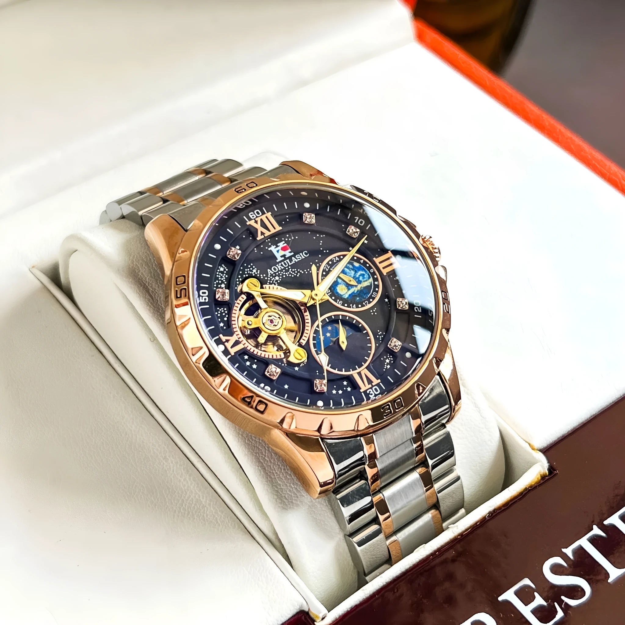 Men's rose gold automatic mechanical watch with black dial and 12mm thickness