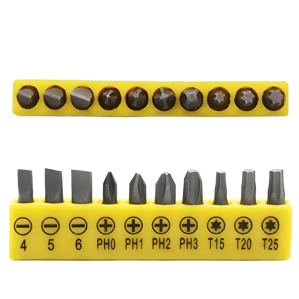 L-type double-headed socket wrench with 10 steel screwdriver bits on workbench