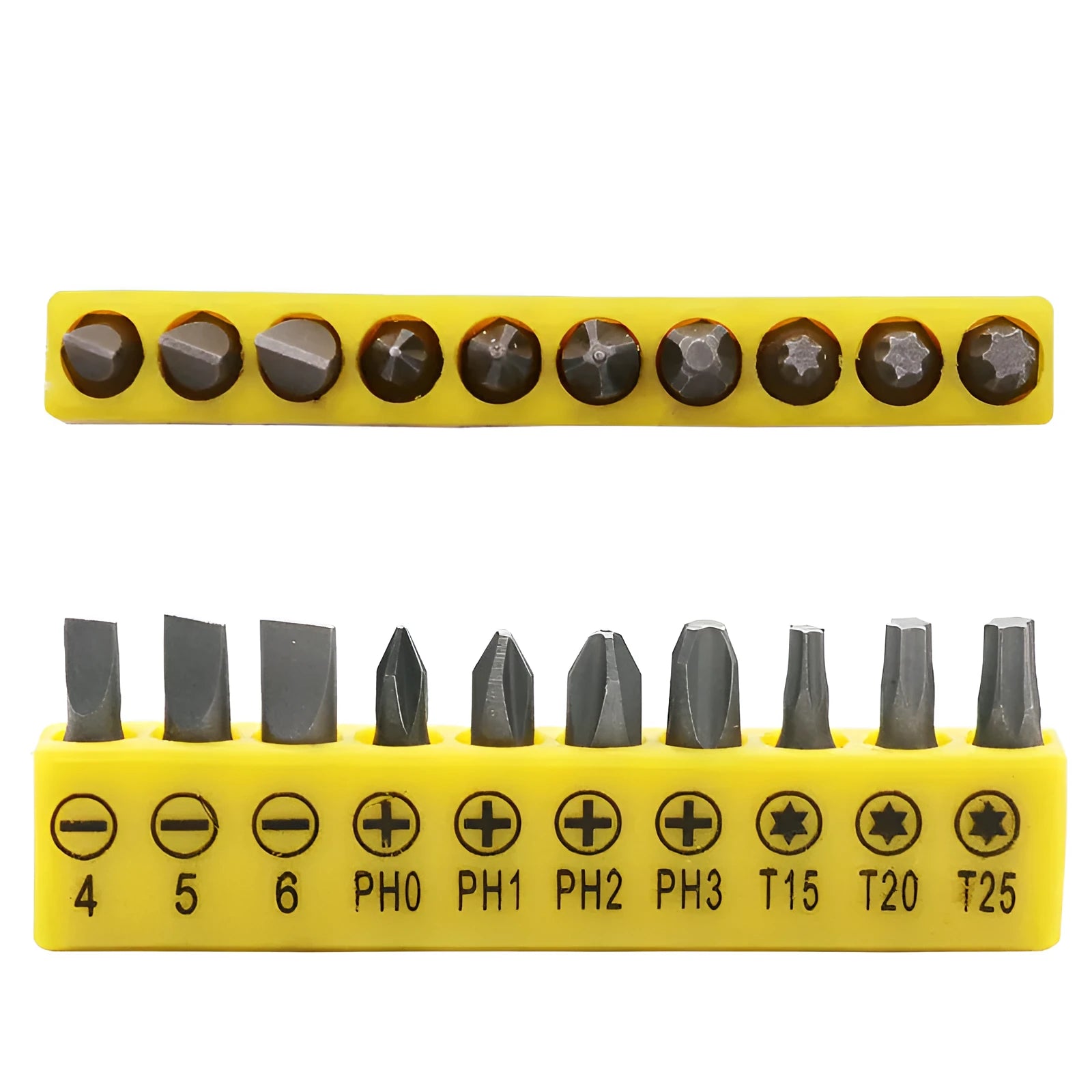 L-type double-headed socket wrench with 10 steel screwdriver bits on workbench