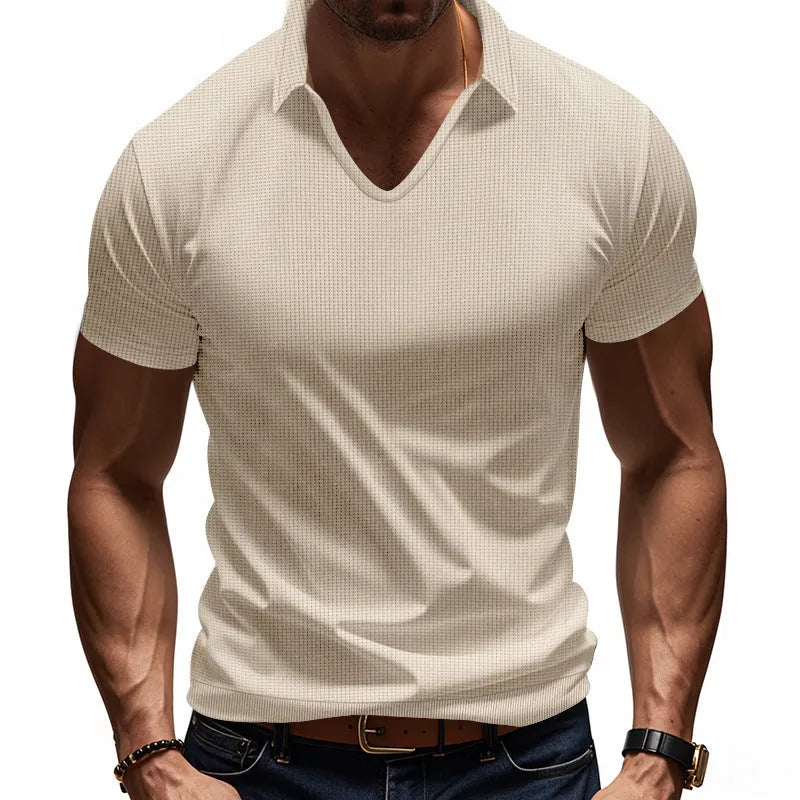 Men's loose light grey V-neck short sleeve casual cotton blend T-shirt laid flat