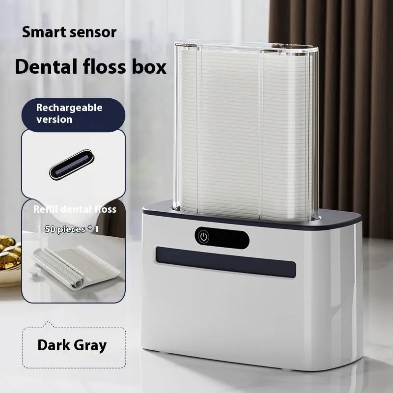 Dark grey automatic electric dental floss box with intelligent induction sensor on a bathroom countertop.