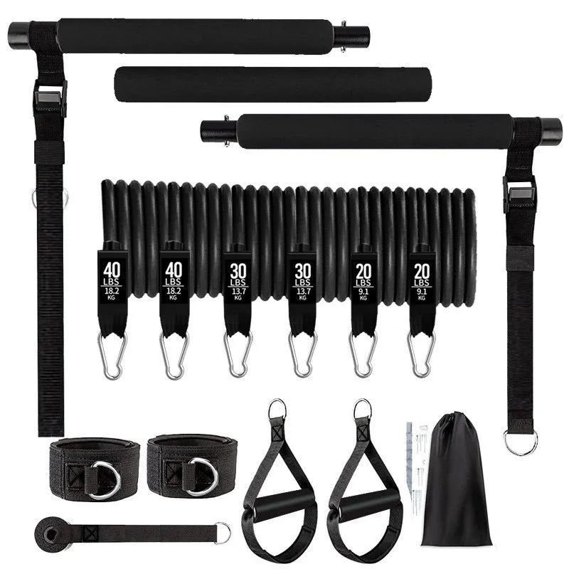 Yoga gymnastic bar with 180 pounds reinforced resistance band pull rope set in black or pink TPE material