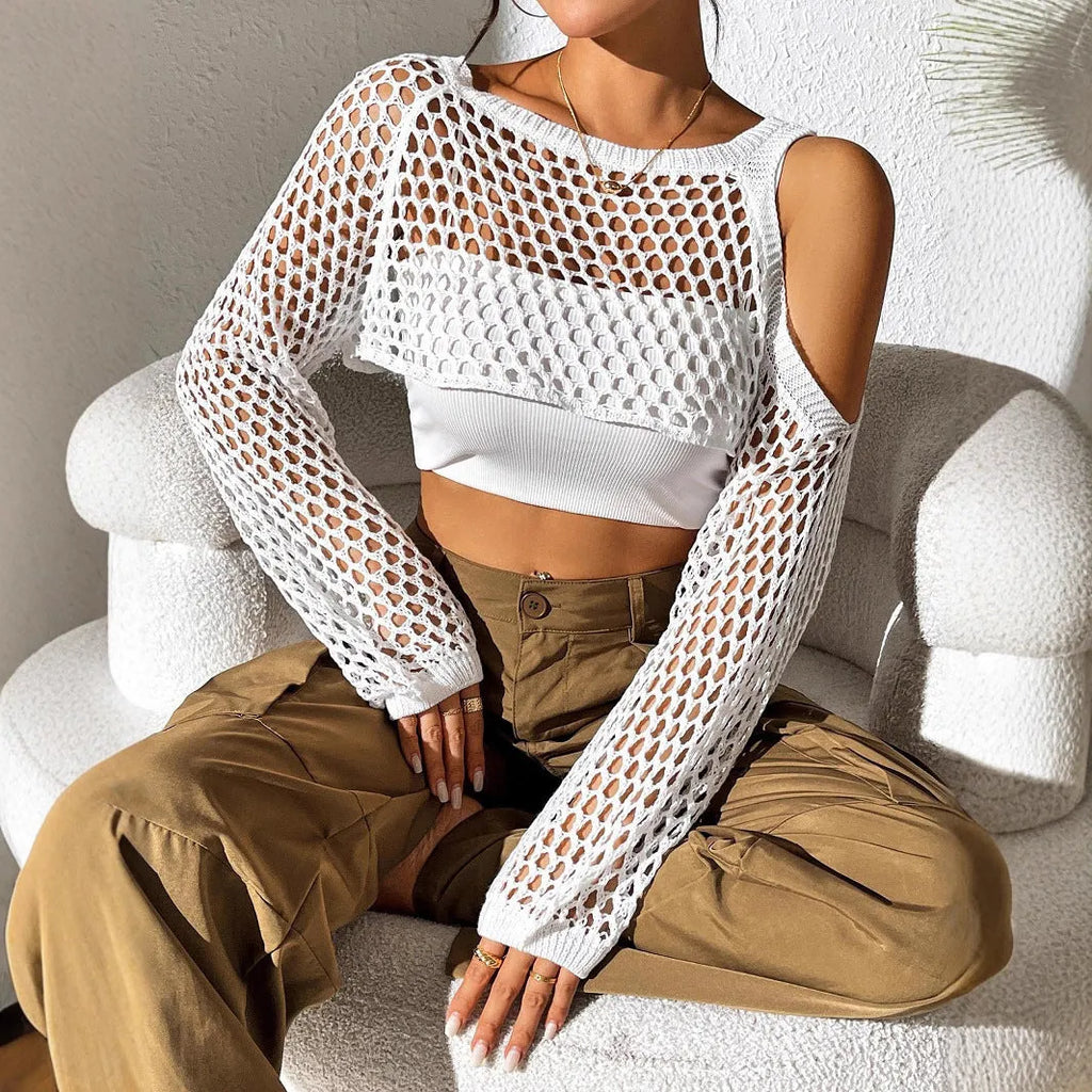 Sexy navel hollowed mesh shirt in six colour options for beachwear