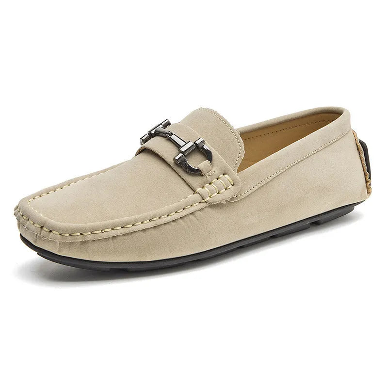 Men's casual round-toe leather shoes in black, brown, and beige colour options