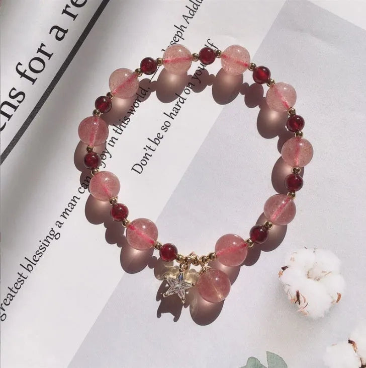 Handcrafted strawberry quartz crystal bracelet with green strawberry quartz moon charm for women