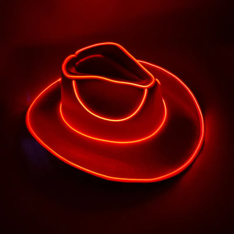 LED wireless fluorescent cowboy flashing hat in green, front view, EVA and EL wire construction, average size