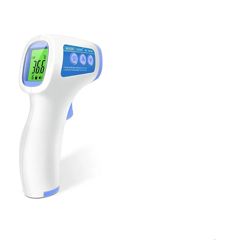 White non-contact infrared forehead thermometer on a blue background with LCD screen