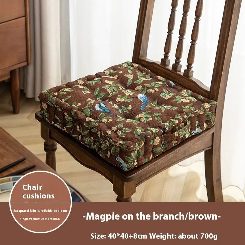 American style dining chair cushion in floral apricot pattern with bird motifs measuring 40x40x8cm