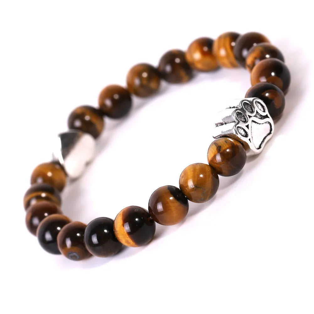 Tigereye Indian Agate Dog's Paw stone beaded bracelet in geometric unisex design.