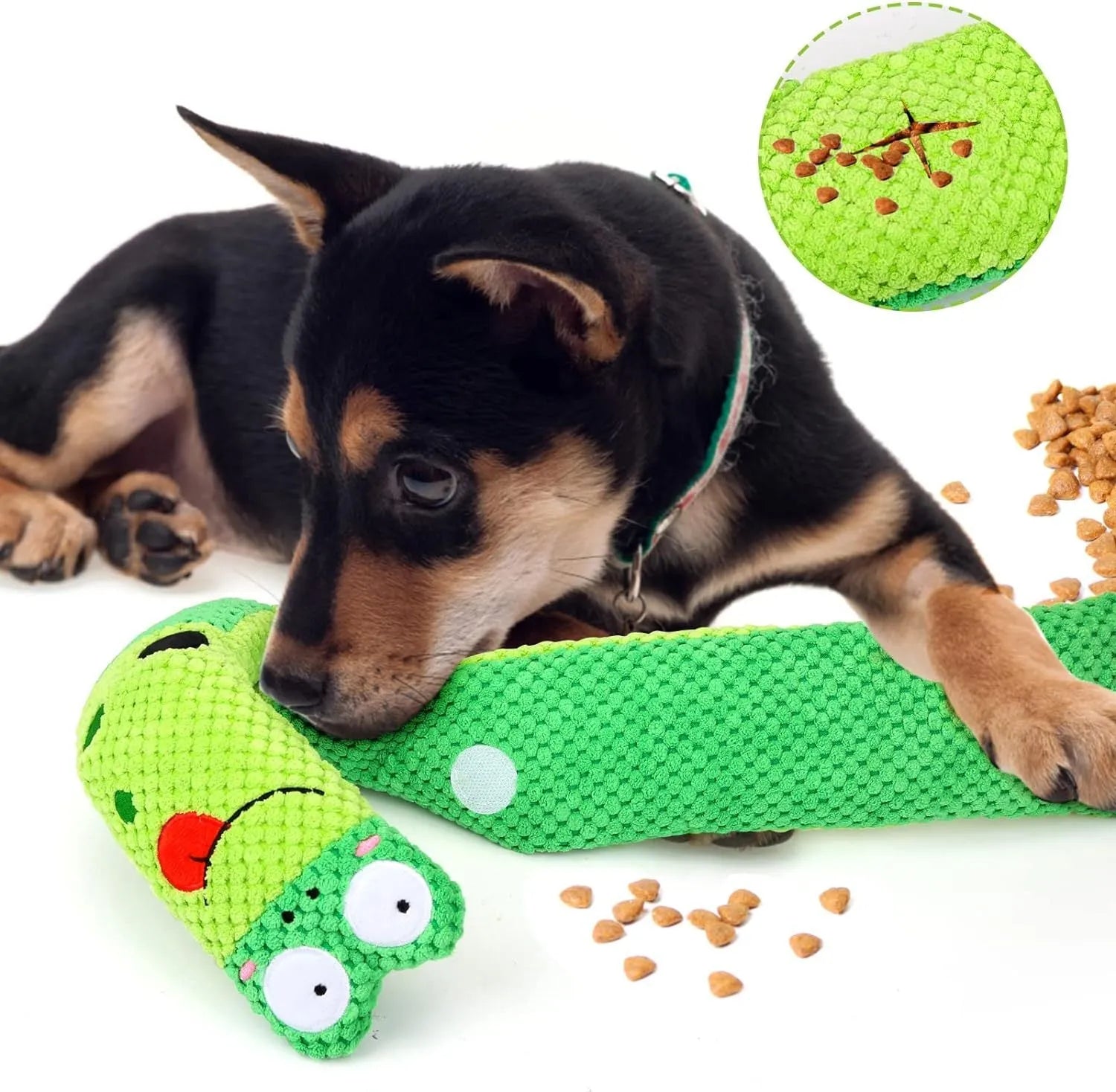 Reversible dog puzzle toy showing snail and stick configurations with hidden food holes
