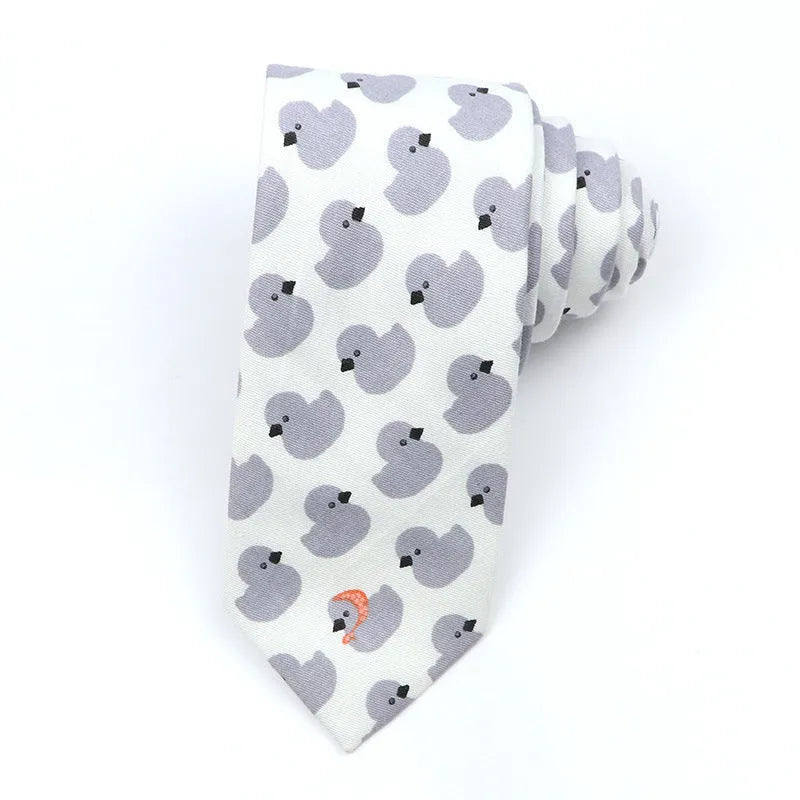 Narrow Korean-style cotton bow tie with a printed cartoon pattern.