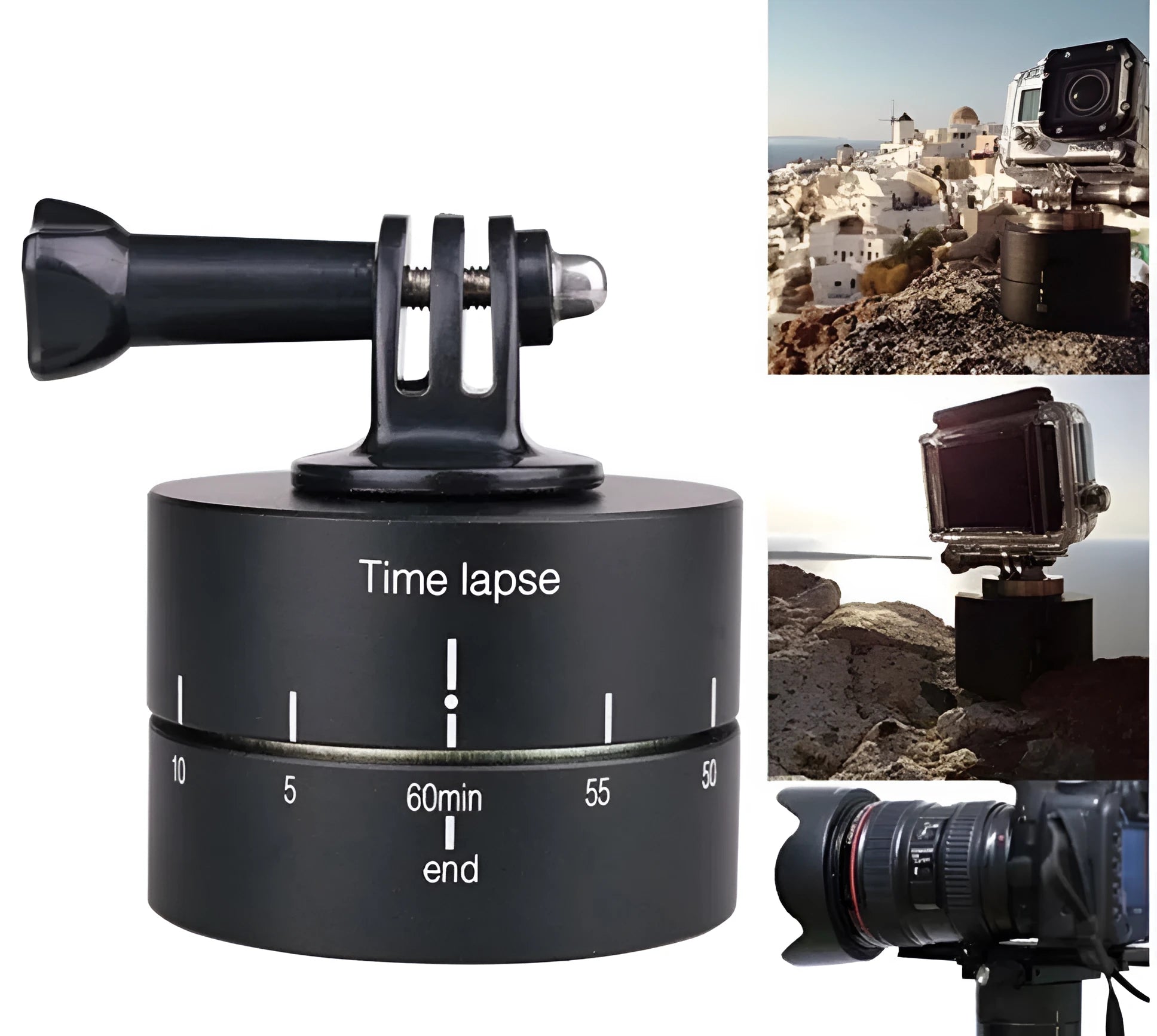 Lapse 360 degree auto rotate camera tripod head base on a black background