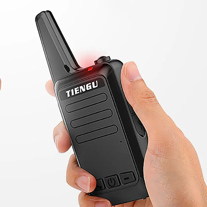 TIENGU Wireless Handheld Radio Intercom in black, showing LED flashlight and back clip on solid background