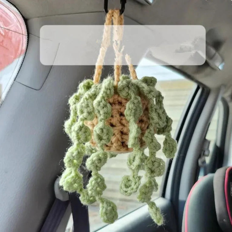 Green and white knitted wool car plant decoration hanging from a rope.