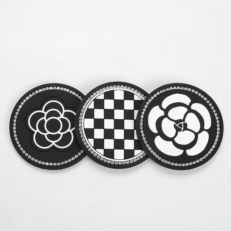 PVC car cup holder mat coaster in black and white checkerboard pattern for interior protection
