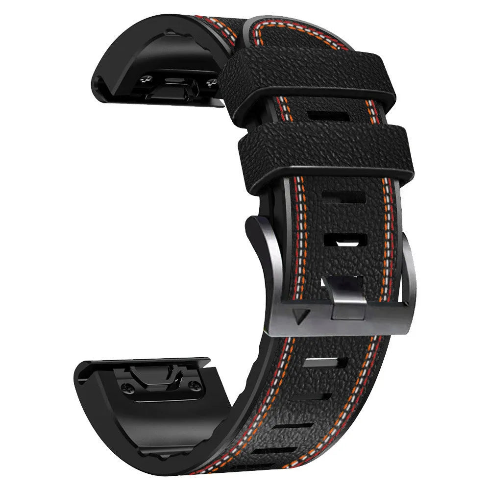 Silicone and leather quick-release watchband for Garmin Fenix smartwatch in black, showing 22mm width.