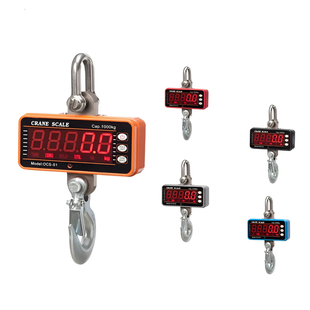 Orange electronic crane scale with digital display, shown with a 500 kg maximum load capacity rating.