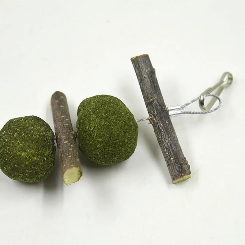 Natural grass balls and apple branches hanging chew toys for small pets on a cage bar