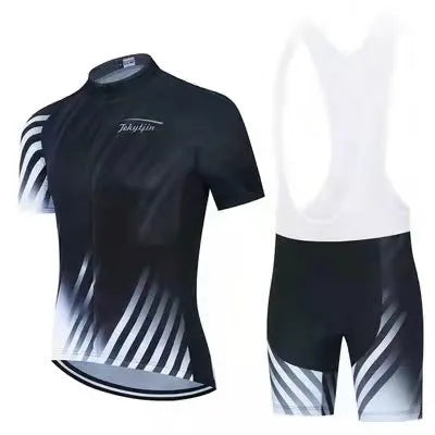 Cycling jersey set showing short sleeve moisture absorbing top and matching pants for summer biking.