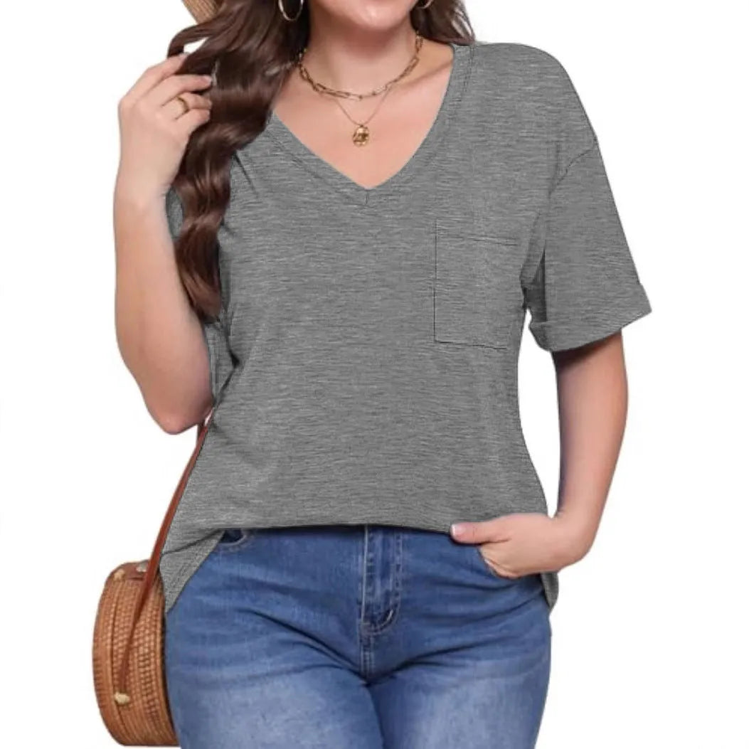 Grey loose fit men's V-neck T-shirt with chest pocket in Japanese Korean casual style