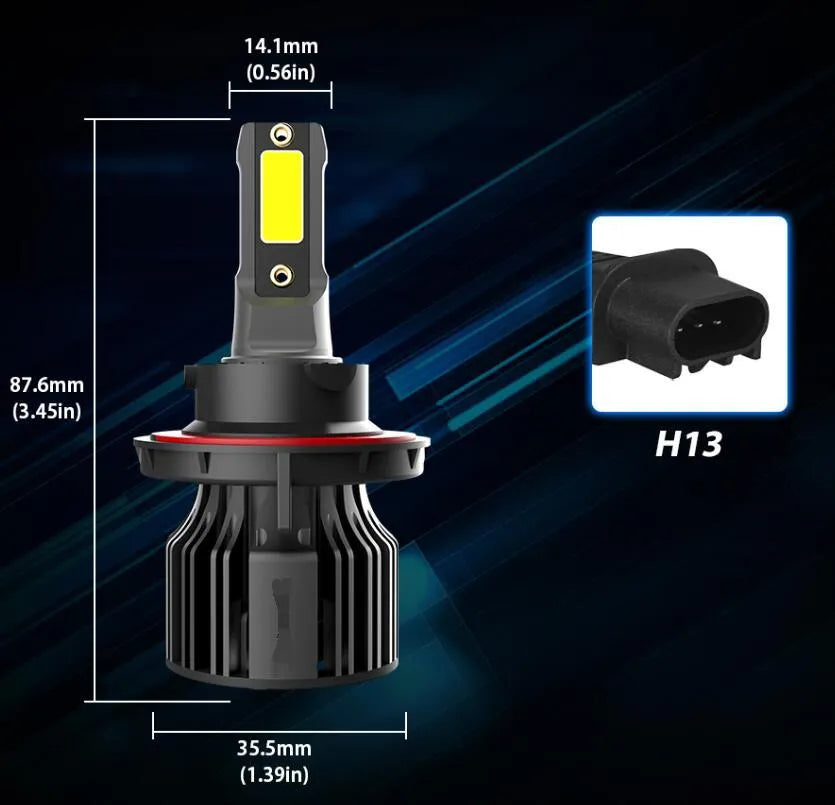 6000K white LED car headlight bulb kit showing compact size and connector for H7 H11 9005 fitments