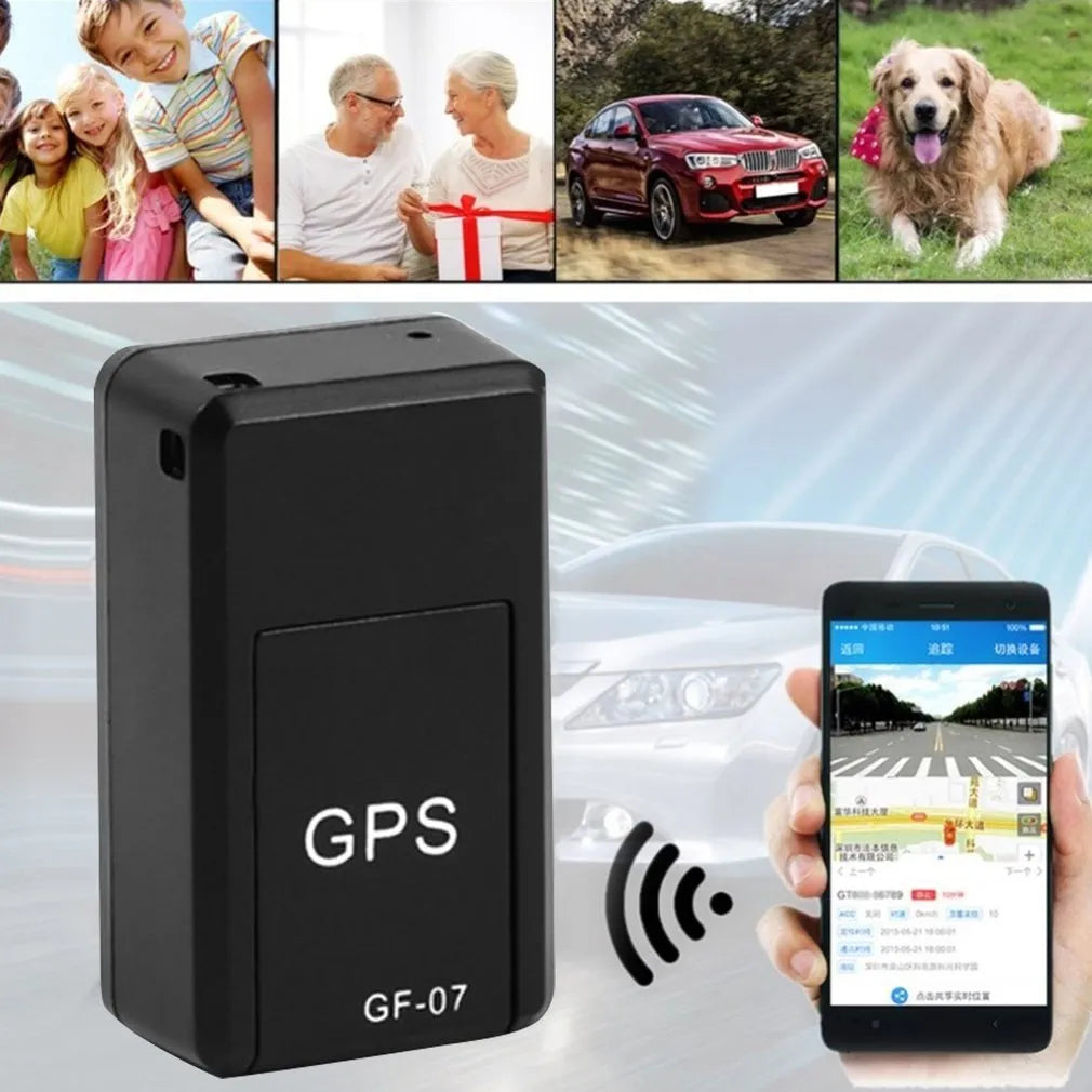 Black mini magnetic GPS tracker device showing dimensions and USB charging port