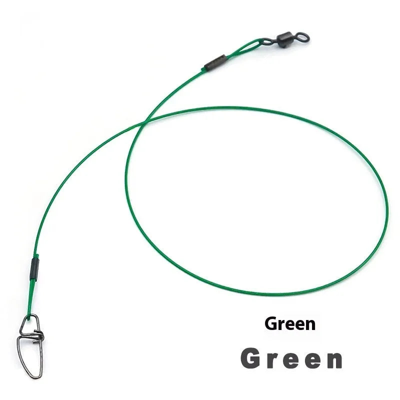 Set of 10 anti-bite steel wire fishing accessories with double buckle pins in black, green, and red colours