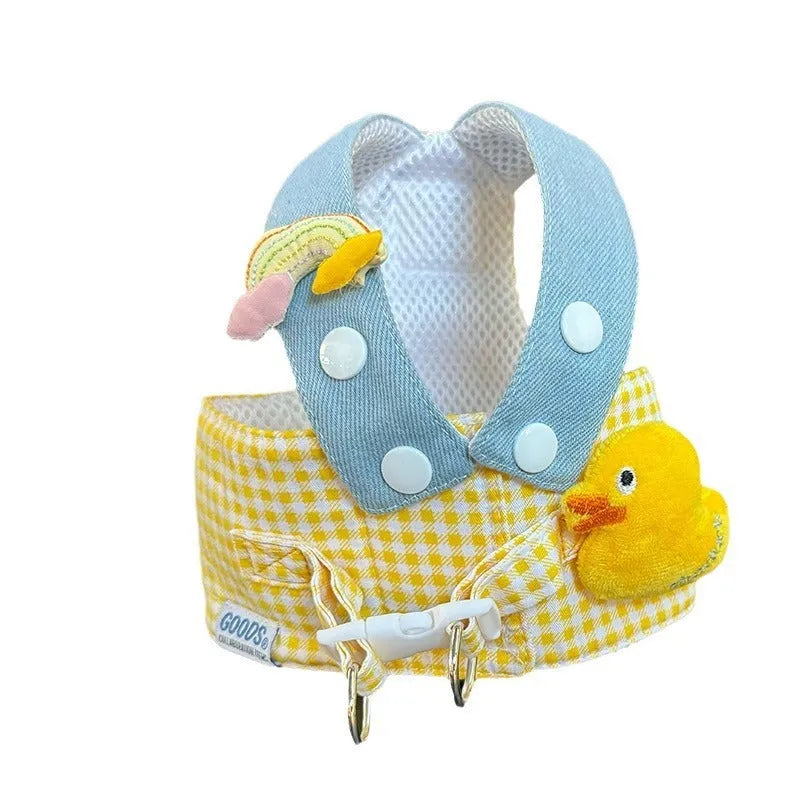 Colourful adjustable dog harness and wire rope leash set with a cute hat for spring summer pet outings.