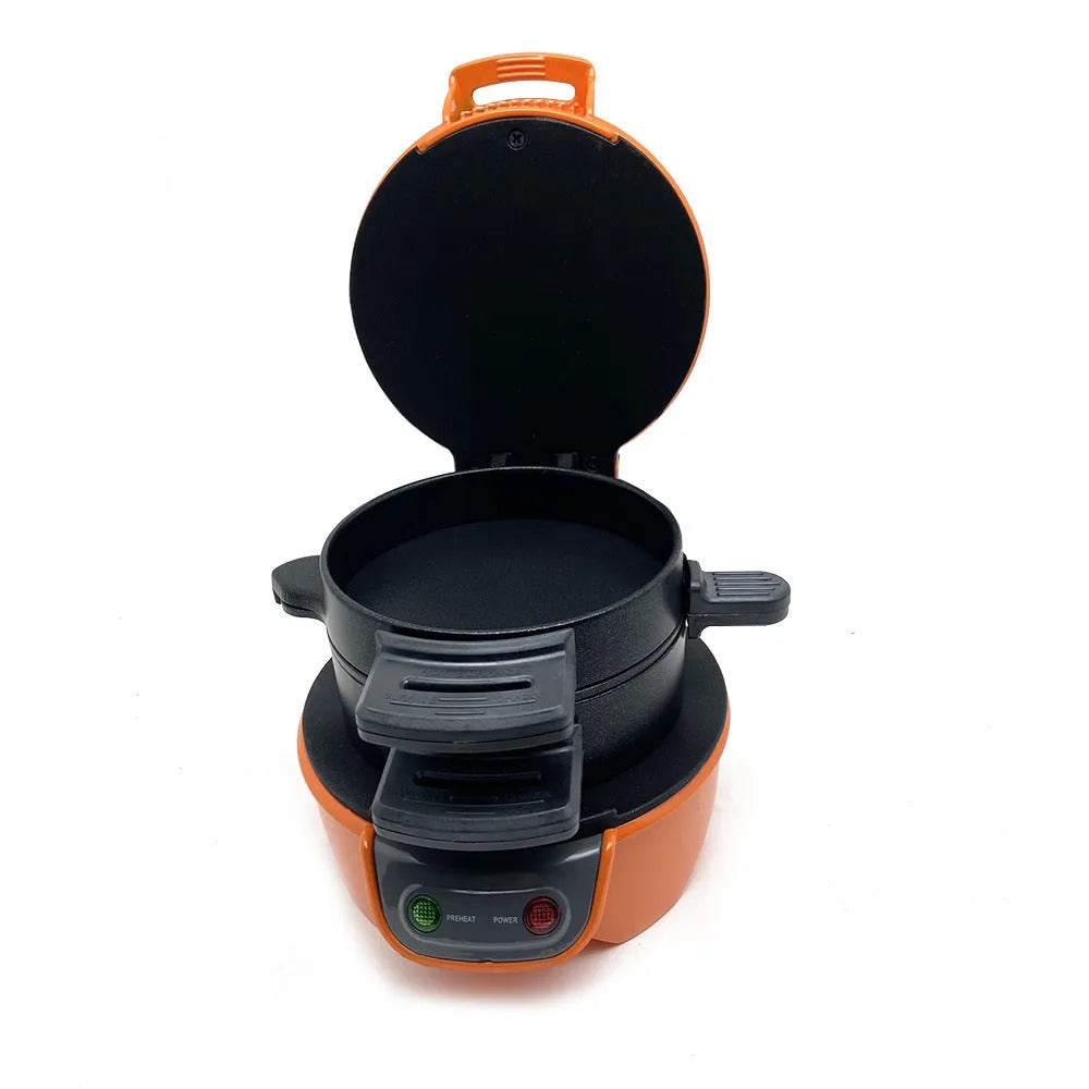 Household breakfast sandwich and waffle maker with egg cooker ring in bright red colour