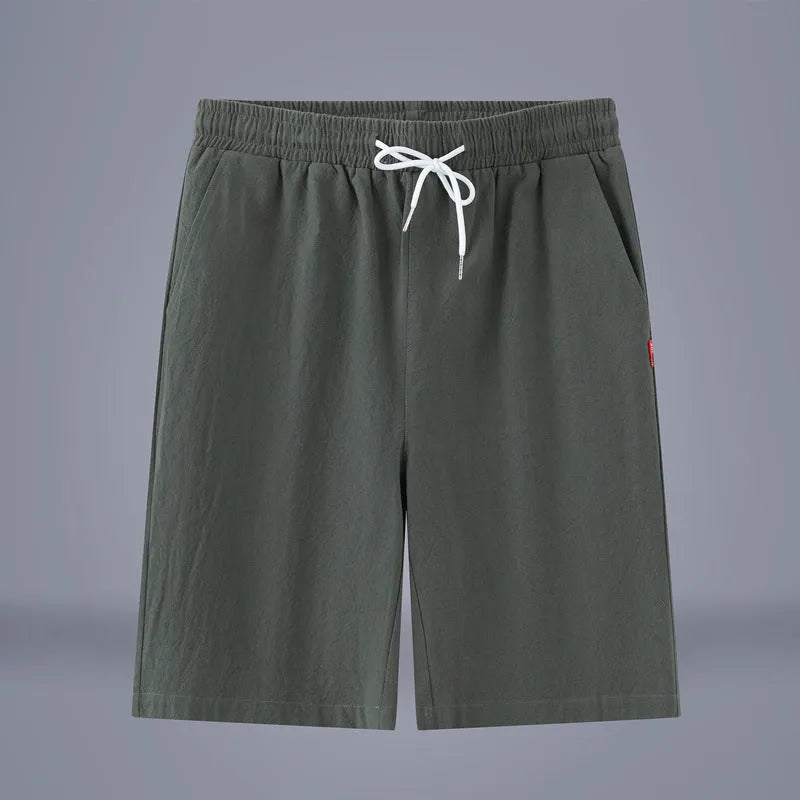 Chinese style cotton linen cropped trousers in army green colour with drawstring waist and mid-length cut