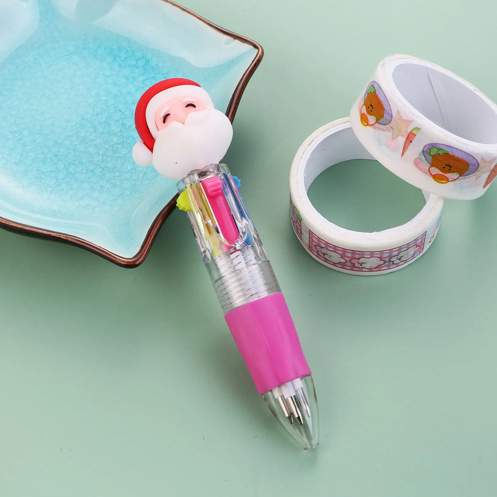 Christmas mini four-colour press-type ballpoint pen showing festive designs, 11cm long.