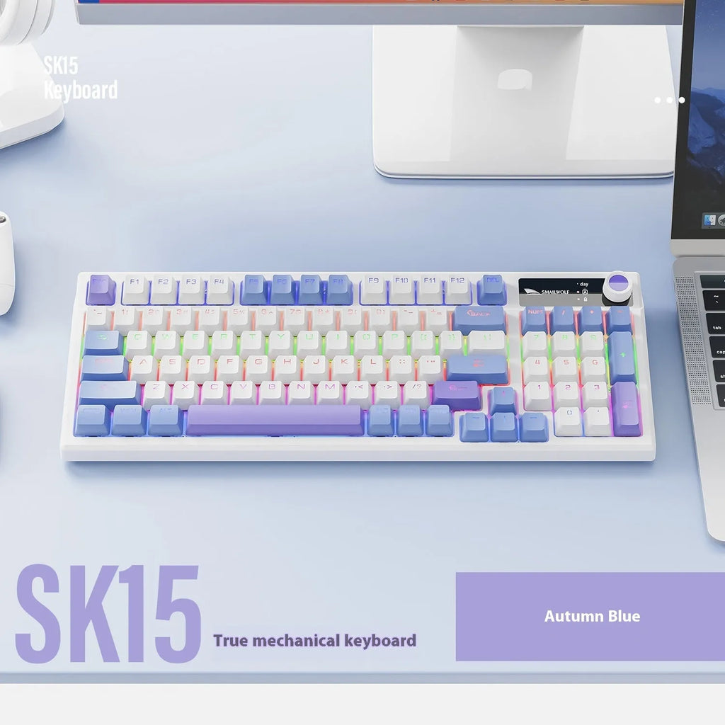 SK15 wired mechanical gaming keyboard with control knob in Autumn Water Blue colour on desk beside laptop