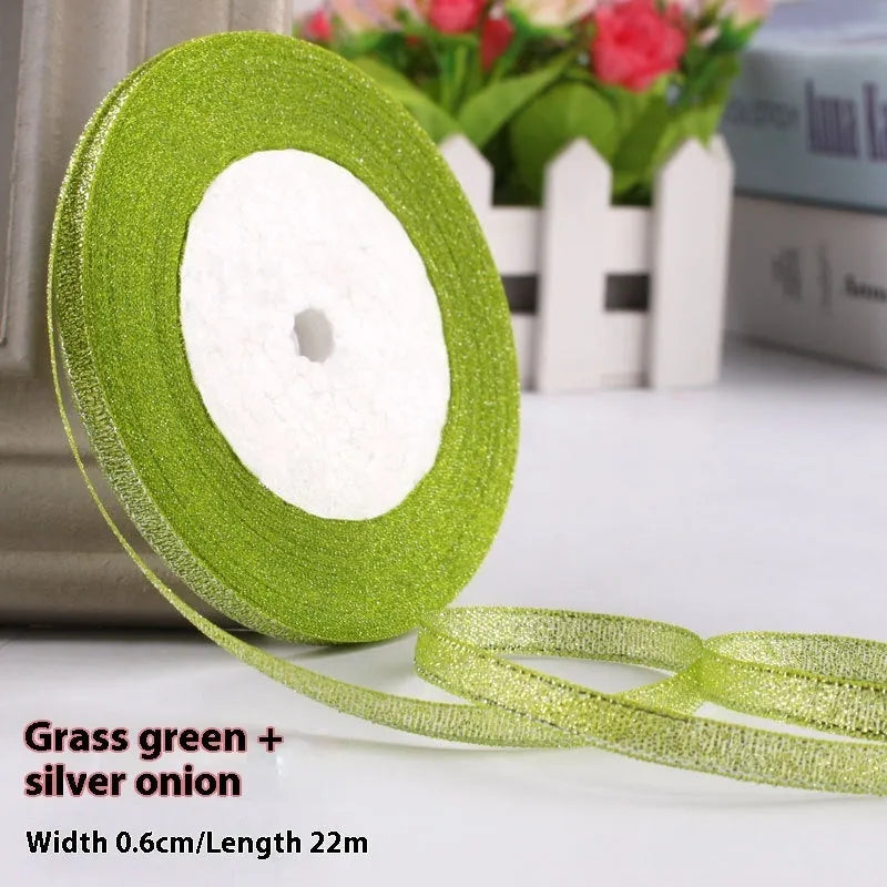 Roll of narrow 0.6cm wide polyester decorative ribbon in multiple colour options including metallic finishes