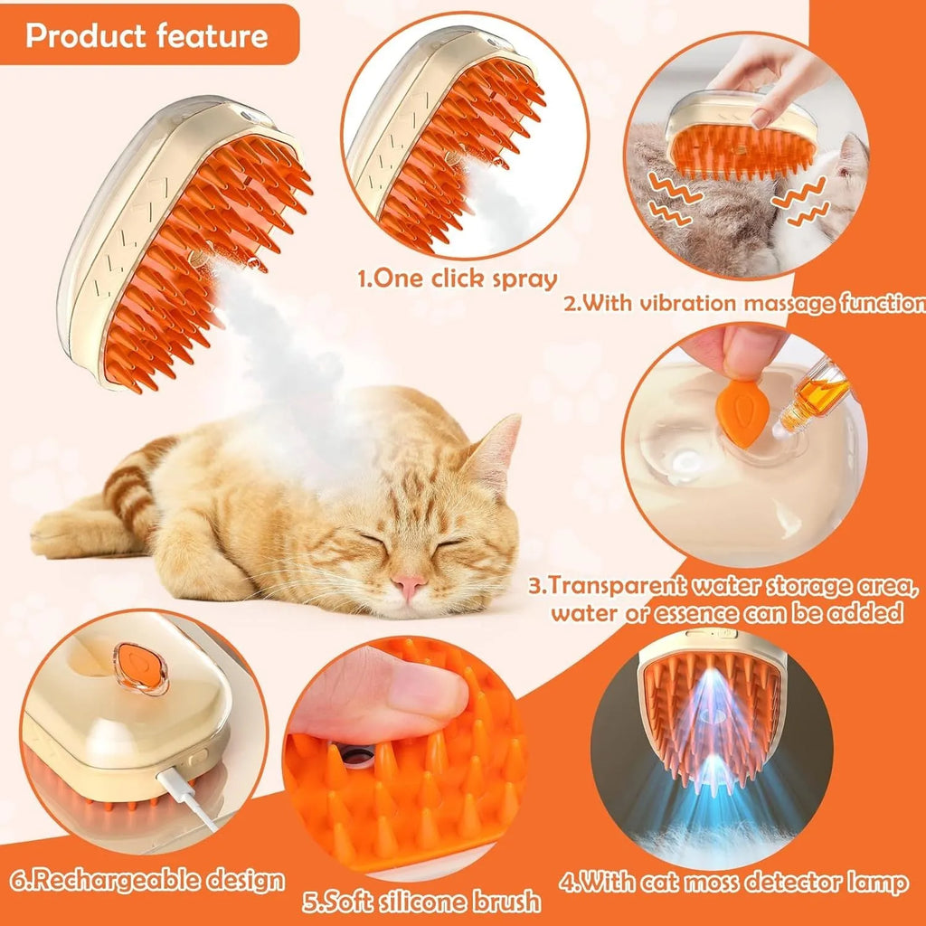 Yellow 4-in-1 cat steam brush with silicone teeth, water tank, and UV lamp for pet grooming.