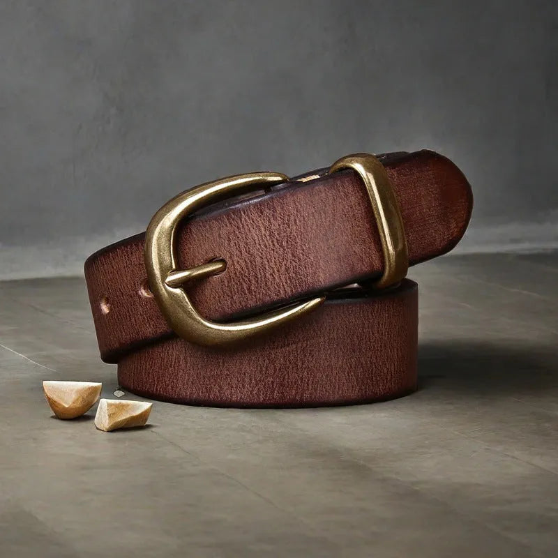 Men's casual jeans belt in black first layer cattlehide leather with a copper pin buckle.