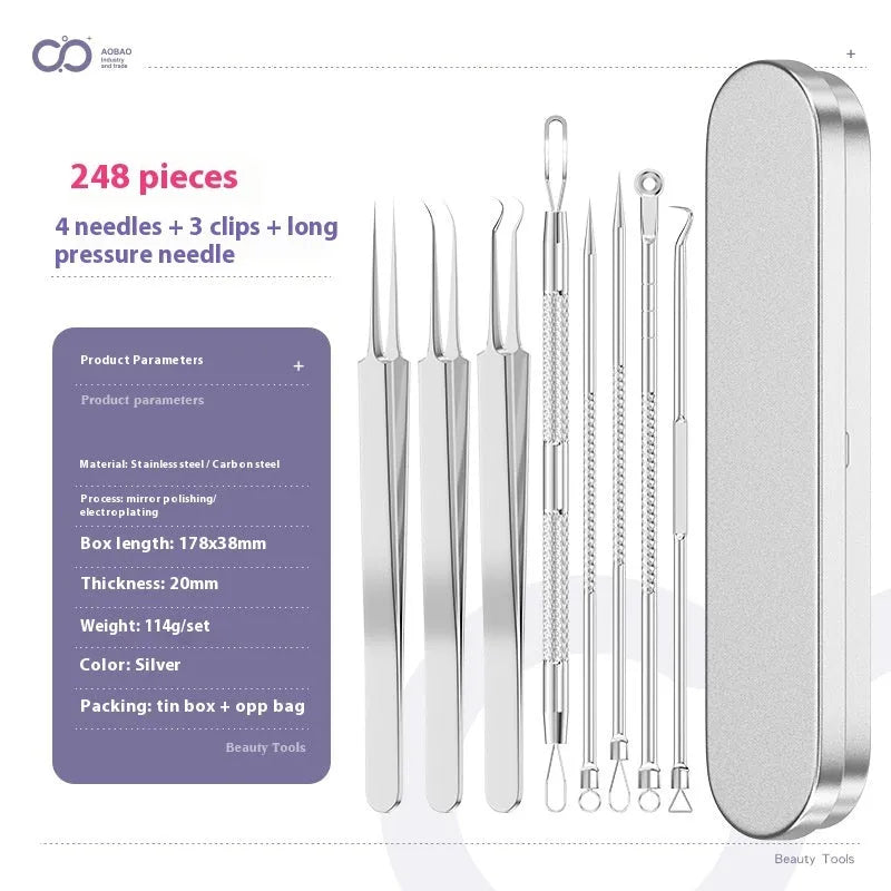 Four silver metal acne needles with ultra-fine pointed tips for skincare extraction.