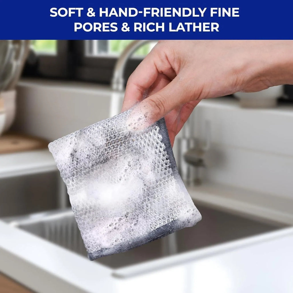 Silver double-sided kitchen scouring pad with a steel wool side and a grey microfiber rag side.