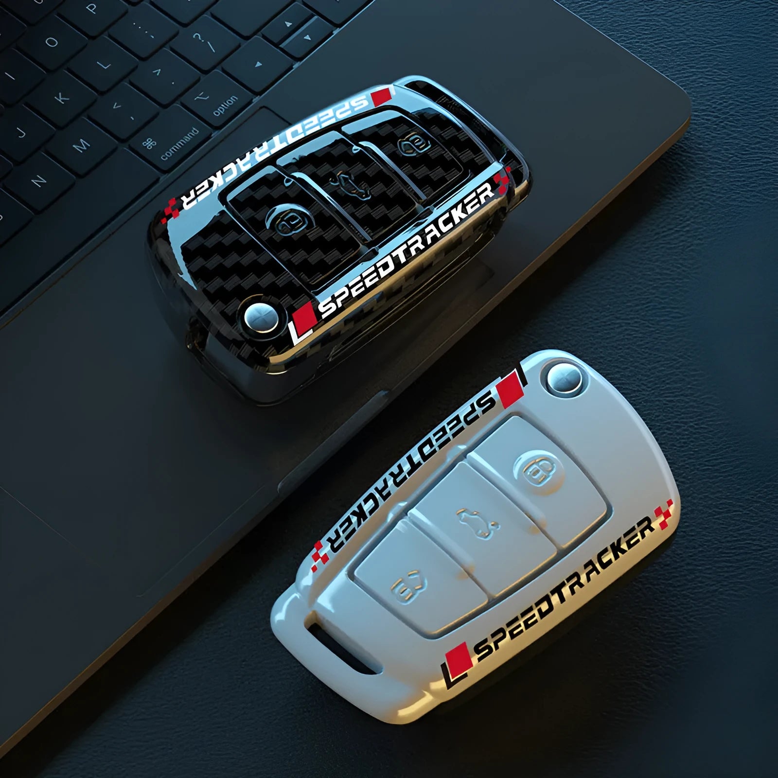 Carbon fibre style car key holder with mirror accessory in feilin material