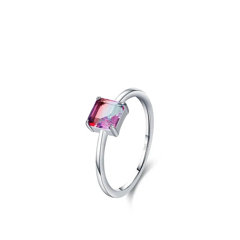 S925 sterling silver slim ring with quadrilateral watermelon tourmaline gemstone