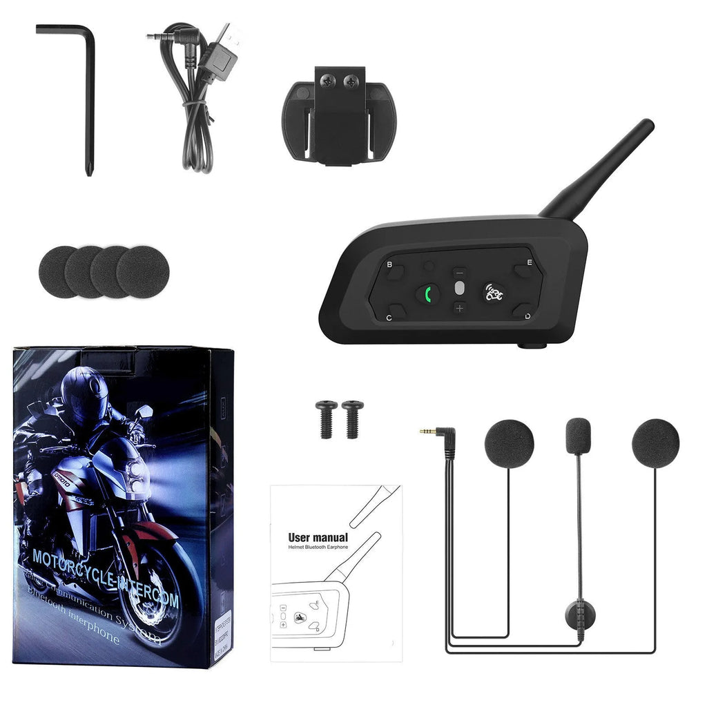 V6 Pro motorcycle helmet Bluetooth intercom unit with headphones and mounting accessories
