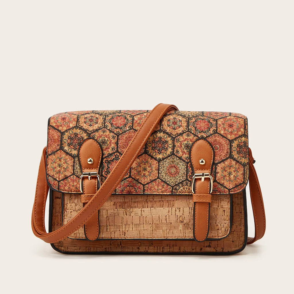 Women's printed PU crossbody bag showing large capacity and one shoulder strap