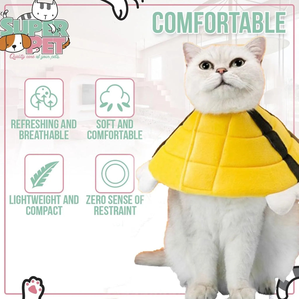 Soft cat cone collar with black and yellow bee design and Velcro strap.