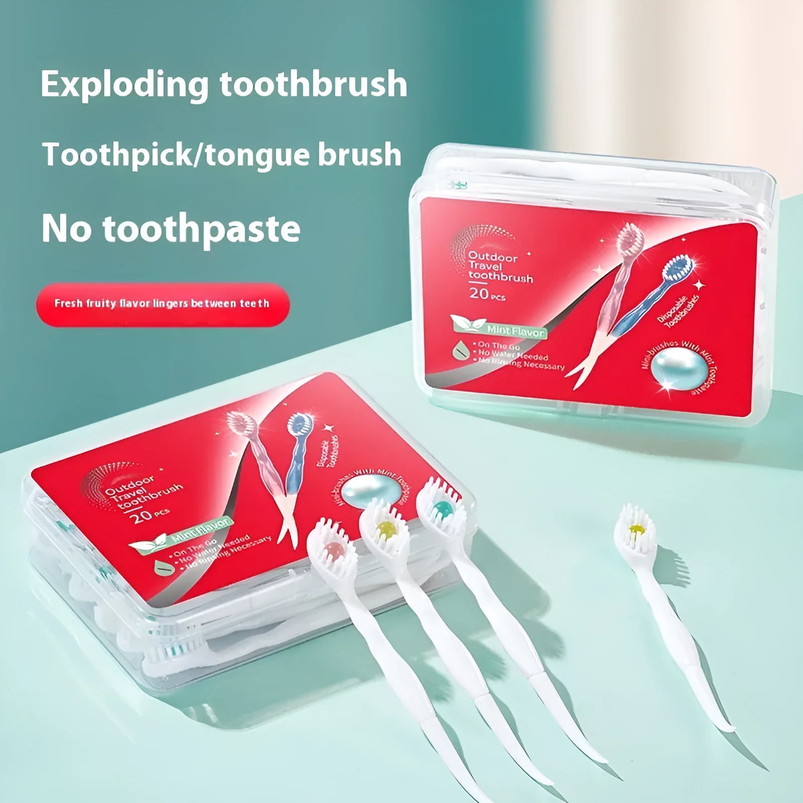 Box of 20 disposable bead toothbrushes for travel, shown with mint and peach flavour options.