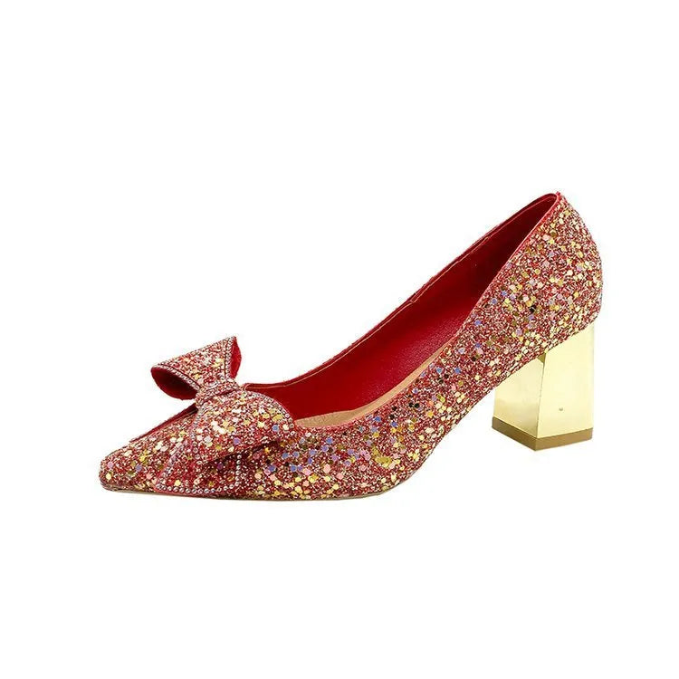 Crystal sequin chunky heel pointed-toe pumps in gold with 4.5cm heel