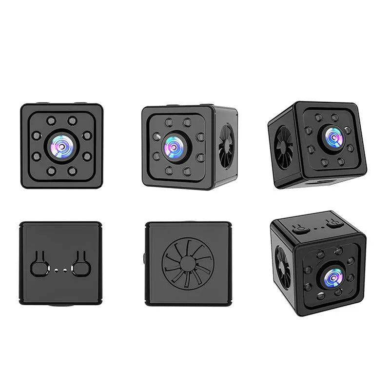 Black cubic network sports camera with mounting bracket on flat surface